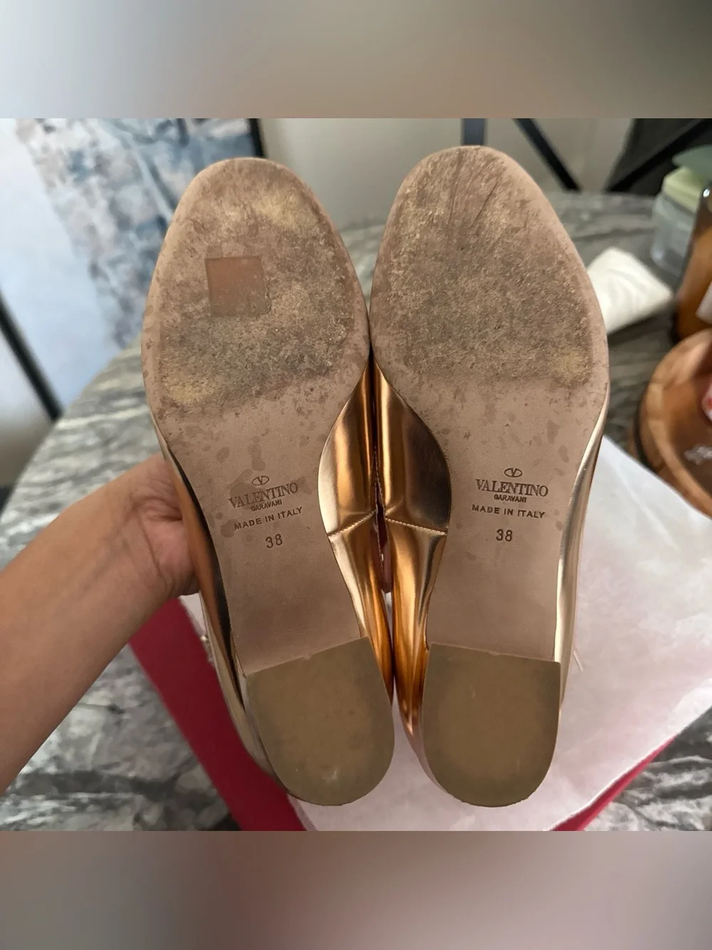 Valentino Garavani Metallic Rose Gold Mary Jane Block Heel